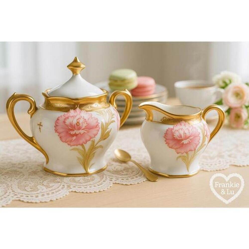 Vintage Hand Painted Porcelain Sugar Creamer Pink Carnation Gold
